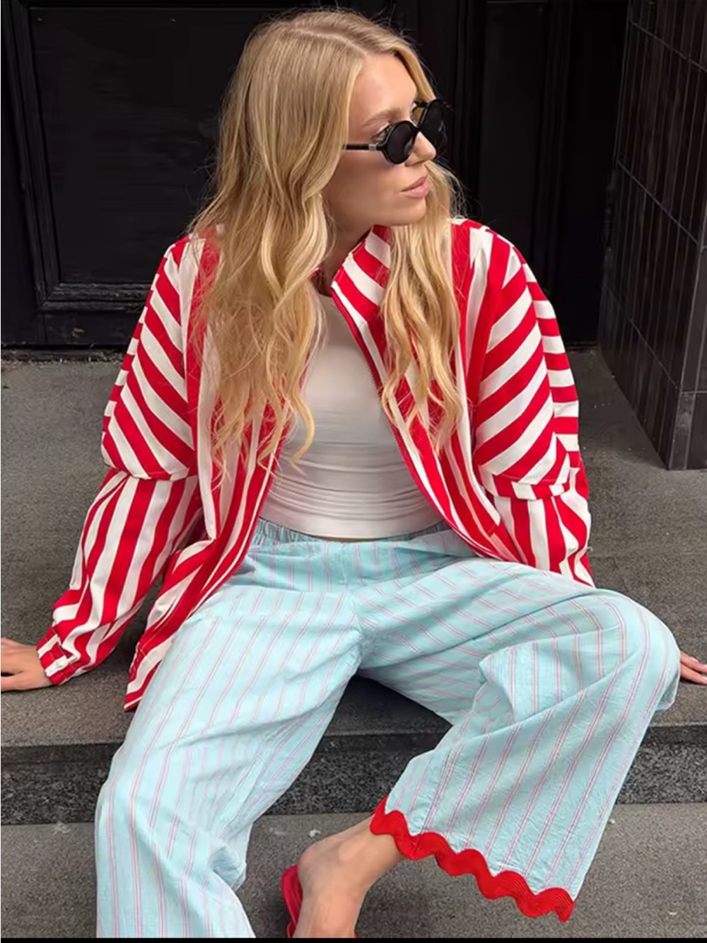 Turquoise Stripe Pants Wide Leg Red Wave Cut Trim